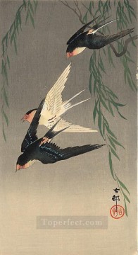  Vuelo Pintura - golondrinas en vuelo Ohara Koson Shin hanga